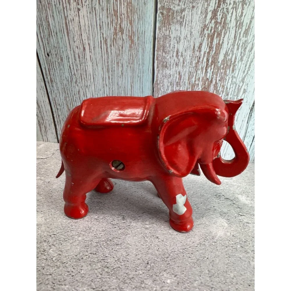 Antique Red Elephant Aluminum Push Tail Bank 7" X 5" Decorative Collectible - Picture 8 of 8